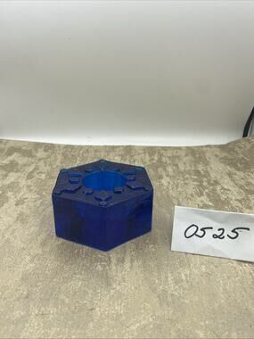 Blenko Cobalt Blue Glass Candle Holder-Hexagon Shaped-bottom Etched Signed 2017